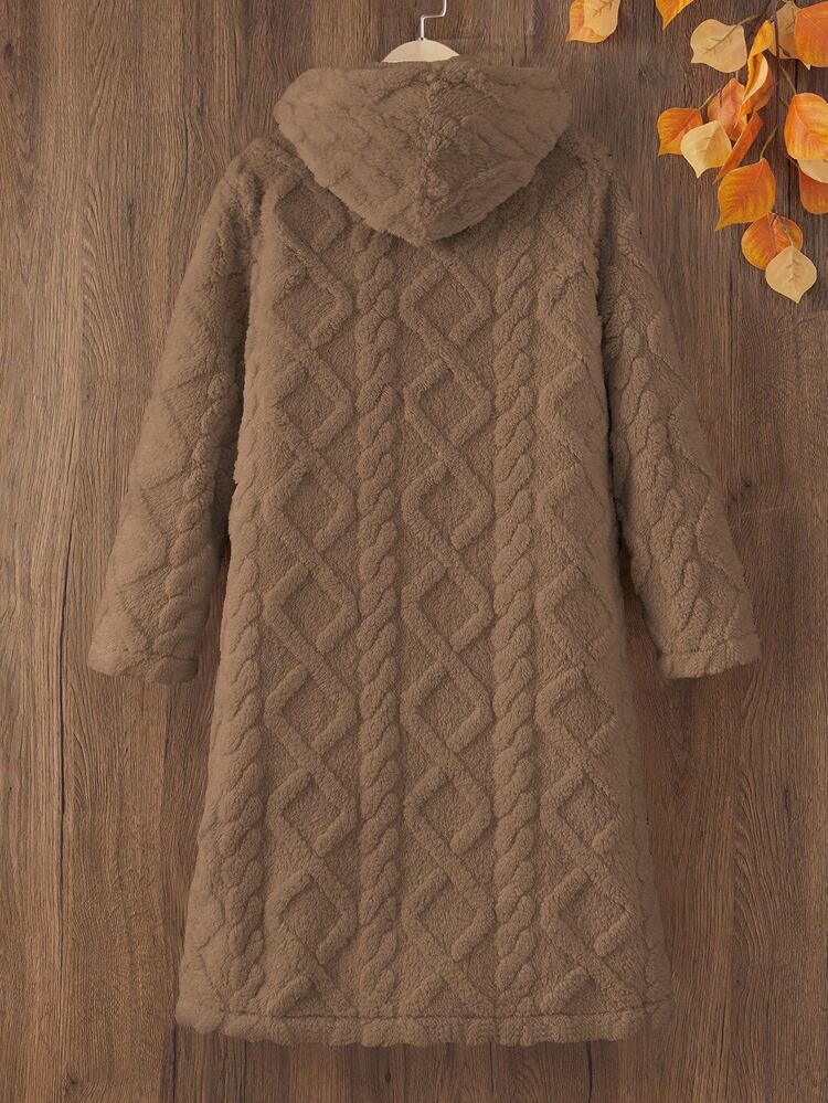 SHEIN Tween Girls Coat Fleece Shades Of Brown Casual Slick Western Loose Fit Zip Up Single-Breasted Hooded Fluffy Jacket, Long Sleeve Fall Winter, Solid - Camel - View 2