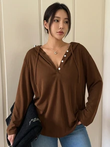 Vibekara 休閒優雅極簡學院風連帽寬鬆顯瘦套頭打底 T 恤，大尺碼女款秋冬季 - 咖啡棕 - 查看 1