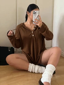 Vibekara 休閒優雅極簡學院風連帽寬鬆顯瘦套頭打底 T 恤，大尺碼女款秋冬季 - 咖啡棕 - 查看 7