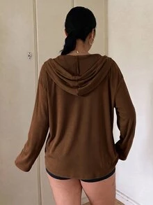 Vibekara 休閒優雅極簡學院風連帽寬鬆顯瘦套頭打底 T 恤，大尺碼女款秋冬季 - 咖啡棕 - 查看 2