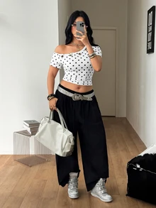 Coolane Women's Plus Size Summer Fall Streetwear Casual Elegant 80s Going Out Formal Vacation Goth Y2K Punk Asymmetrical Neck White Polka Dots T-Shirt - White - View 3