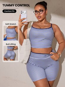 Rhythm Era Plus Size 2pcs Sports Set, Camisole Tank Top And Butt-Lifting Blue & White Colorblock Shorts - Blue - View 1