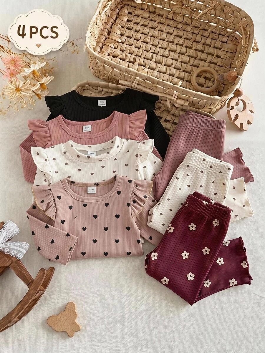 SHEIN 4Pcs Toddler Baby Girl Shirt Pants Set Cute Sweet Pink White Flutter Sleeve Heart Floral Ribbed Long Sleeve Round Neck Regular Holiday Spring Princess - Multicolor - View 1