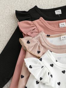 SHEIN 4Pcs Toddler Baby Girl Shirt Pants Set Cute Sweet Pink White Flutter Sleeve Heart Floral Ribbed Long Sleeve Round Neck Regular Holiday Spring Princess - Multicolor - View 4