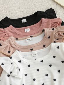 SHEIN 4Pcs Toddler Baby Girl Shirt Pants Set Cute Sweet Pink White Flutter Sleeve Heart Floral Ribbed Long Sleeve Round Neck Regular Holiday Spring Princess - Multicolor - View 6
