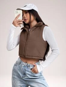 SHEIN PETITE Women's Solid Color Minimalist Sleeveless Padded Coat, Everyday Wear, Women's Winter - Brown - View 6