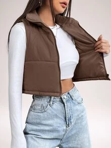 SHEIN PETITE Women's Solid Color Minimalist Sleeveless Padded Coat, Everyday Wear, Women's Winter - Brown - View 3
