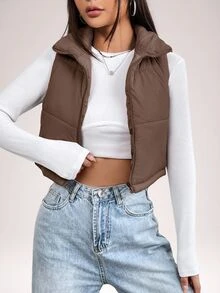 SHEIN PETITE Women's Solid Color Minimalist Sleeveless Padded Coat, Everyday Wear, Women's Winter - Brown - View 1
