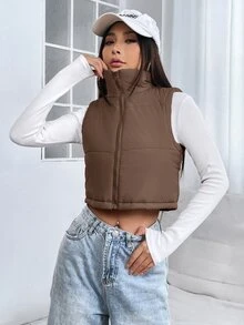 SHEIN PETITE Women's Solid Color Minimalist Sleeveless Padded Coat, Everyday Wear, Women's Winter - Brown - View 7
