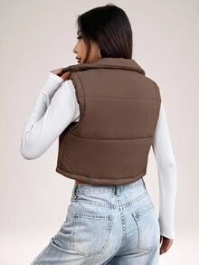SHEIN PETITE Women's Solid Color Minimalist Sleeveless Padded Coat, Everyday Wear, Women's Winter - Brown - View 2
