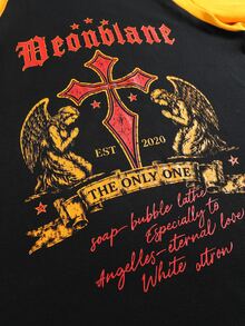 ROMWE MEN Fashionable Yellow & Black Contrast Print Cross Graffiti Pullover Long Sleeve T-Shirt - Black - View 2