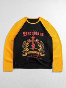 ROMWE MEN Fashionable Yellow & Black Contrast Print Cross Graffiti Pullover Long Sleeve T-Shirt - Black - View 1