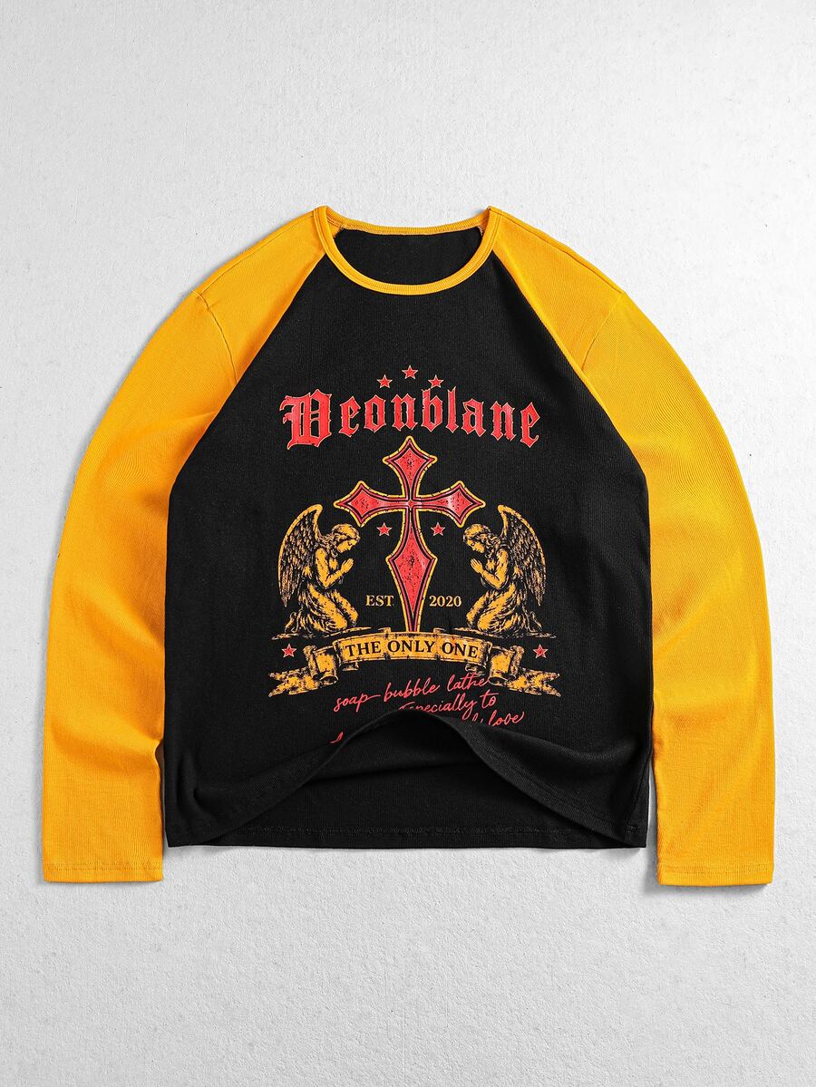 ROMWE MEN Fashionable Yellow & Black Contrast Print Cross Graffiti Pullover Long Sleeve T-Shirt - Black - View 1
