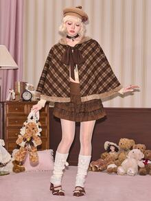 ROMWE Kawaii Women's Cute Hooded Brown Plaid Patchwork Coral Fleece Cape Regular Jacket, Autumn/Winter - Brown - View 1