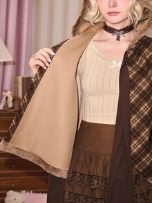 ROMWE Kawaii Women's Cute Hooded Brown Plaid Patchwork Coral Fleece Cape Regular Jacket, Autumn/Winter - Brown - View 7