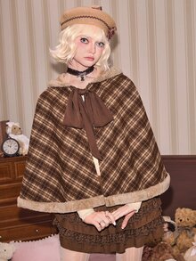 ROMWE Kawaii Women's Cute Hooded Brown Plaid Patchwork Coral Fleece Cape Regular Jacket, Autumn/Winter - Brown - View 4