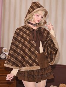 ROMWE Kawaii Women's Cute Hooded Brown Plaid Patchwork Coral Fleece Cape Regular Jacket, Autumn/Winter - Brown - View 6