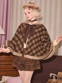 ROMWE Kawaii Women's Cute Hooded Brown Plaid Patchwork Coral Fleece Cape Regular Jacket, Autumn/Winter - Brown - View 3