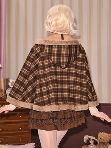 ROMWE Kawaii Women's Cute Hooded Brown Plaid Patchwork Coral Fleece Cape Regular Jacket, Autumn/Winter - Brown - View 5