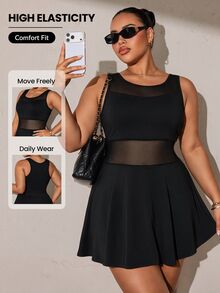 Rhythm Era Plus Size Athletic One-Piece Dress With Mesh Patchwork, Removable Padded Cups, Sexy Mesh Racerback, Wavy Hemline, Built-In Leggings, Yoga Tennis Style - Black - View 1