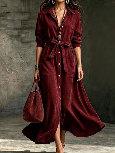 SHEIN Burgundy Corduroy Shirt Dress For Women Fall Tie Waist Single Breasted Pocket Long Maxi Skirt Dinner Everyday Mature Casual