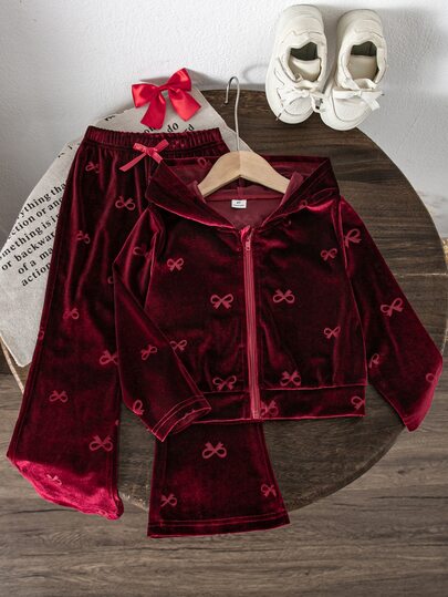 SHEIN Young Girl Zip-Up Hoodie And Bow-Decorated Flared Pants 2 Pieces Set Nursery Birthday Cherry Autumn