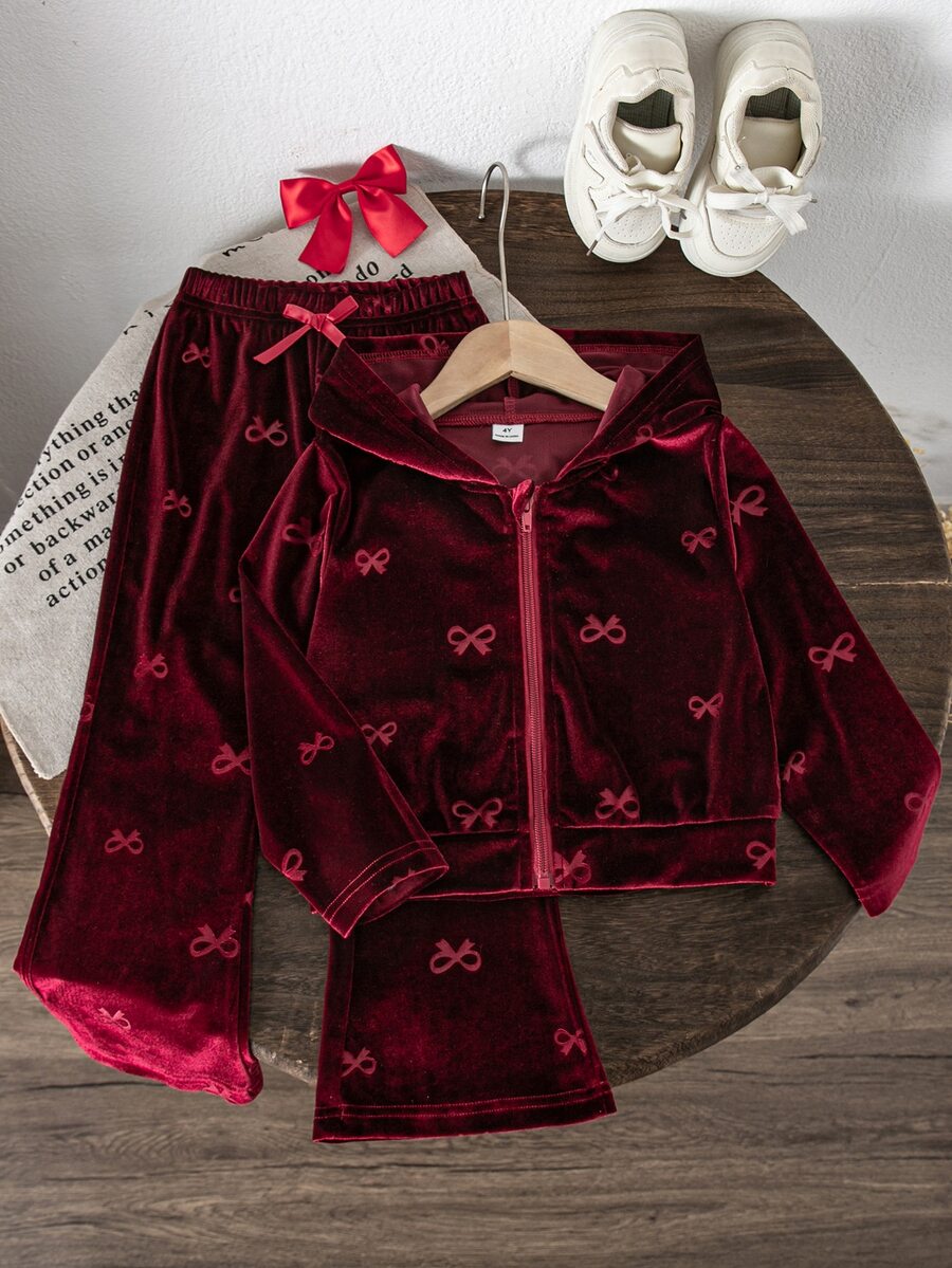 SHEIN 女童拉鍊連帽外套與蝴蝶結裝飾喇叭褲 2 件套 幼兒生日 櫻桃 秋季 - 酒紅色 - 查看 1