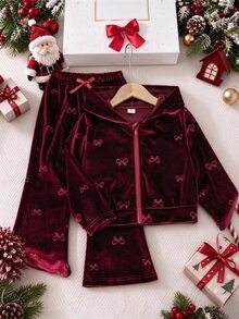 SHEIN 女童拉鍊連帽外套與蝴蝶結裝飾喇叭褲 2 件套 幼兒生日 櫻桃 秋季 - 酒紅色 - 查看 6