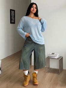 Coolane 女款大尺碼秋季街頭風性感束腰休閒傳統外出派對早午餐正式 Y2K 不對稱領針織 T 恤 淺藍色 - 水鴨藍 - 查看 4