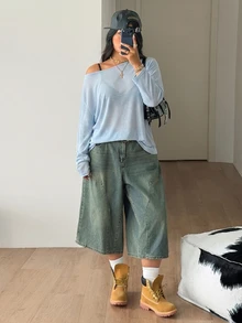Coolane 女款大尺碼秋季街頭風性感束腰休閒傳統外出派對早午餐正式 Y2K 不對稱領針織 T 恤 淺藍色 - 水鴨藍 - 查看 2
