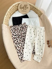 SHEIN 4pcs Baby Girl Summer Y2K Leopard Print Polka Dot Heart Pattern Squishy Soft Texture Leggings Pants Multi-Pack,Pink And Black Holiday Beach Party - Multicolor - View 4