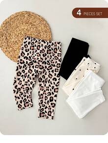 SHEIN 4pcs Baby Girl Summer Y2K Leopard Print Polka Dot Heart Pattern Squishy Soft Texture Leggings Pants Multi-Pack,Pink And Black Holiday Beach Party - Multicolor - View 3