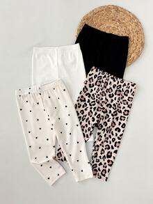 SHEIN 4pcs Baby Girl Summer Y2K Leopard Print Polka Dot Heart Pattern Squishy Soft Texture Leggings Pants Multi-Pack,Pink And Black Holiday Beach Party - Multicolor - View 2