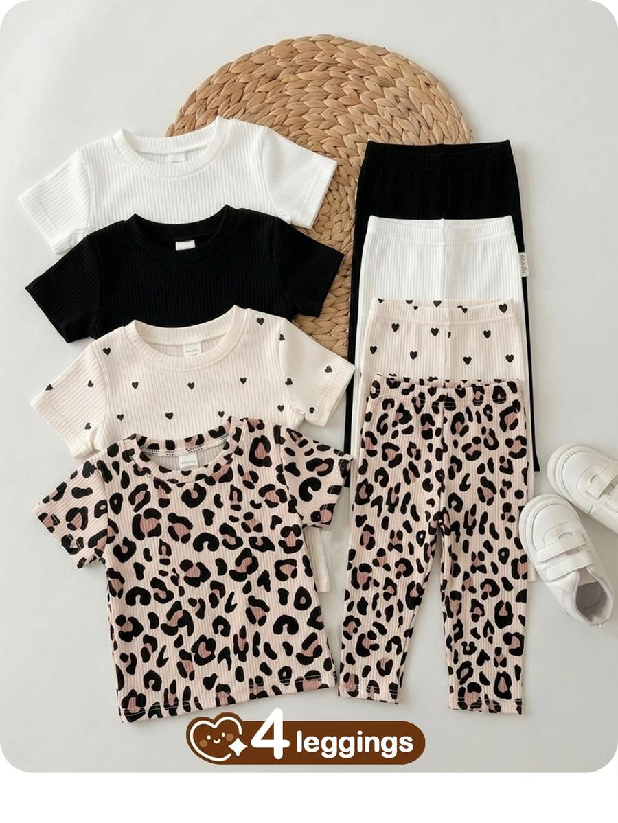 SHEIN 4pcs Baby Girl Summer Y2K Leopard Print Polka Dot Heart Pattern Squishy Soft Texture Leggings Pants Multi-Pack,Pink And Black Holiday Beach Party - Multicolor - View 1