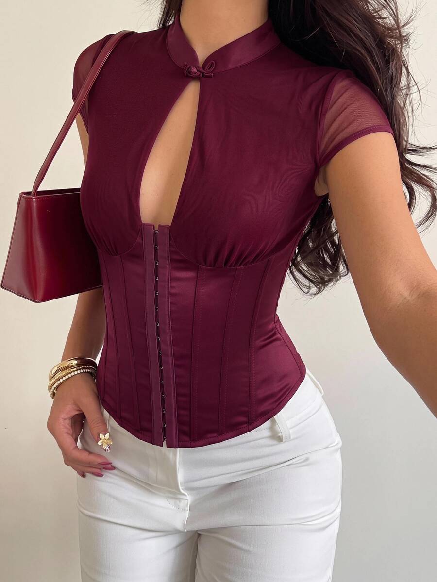 Aloruh Women's Solid Color Cutout Design Front Button Cap Sleeve Slim Fit Sexy Top Red Corset, Halloween Party Out,PartyCorset.Fall/Winter