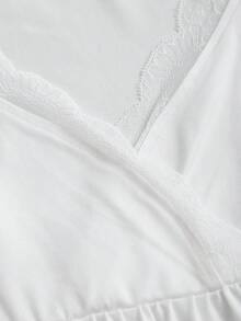 Elamini Women's Spring/Summer White French Romantic Cottagecore Rustic Lace Patchwork V-Neck Tie Top Everyday Date - White - View 4