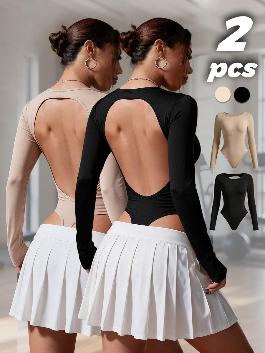 SHEIN Velisys Jumpsuit Olahraga Kasual Lengan Panjang Leher Bulat Warna Polos untuk Wanita - MultiWarna - View 1