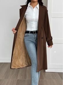 SHEIN PETITE 女款純色極簡休閒長袖風衣，冬季，小碼女款 - 棕色 - 查看 9
