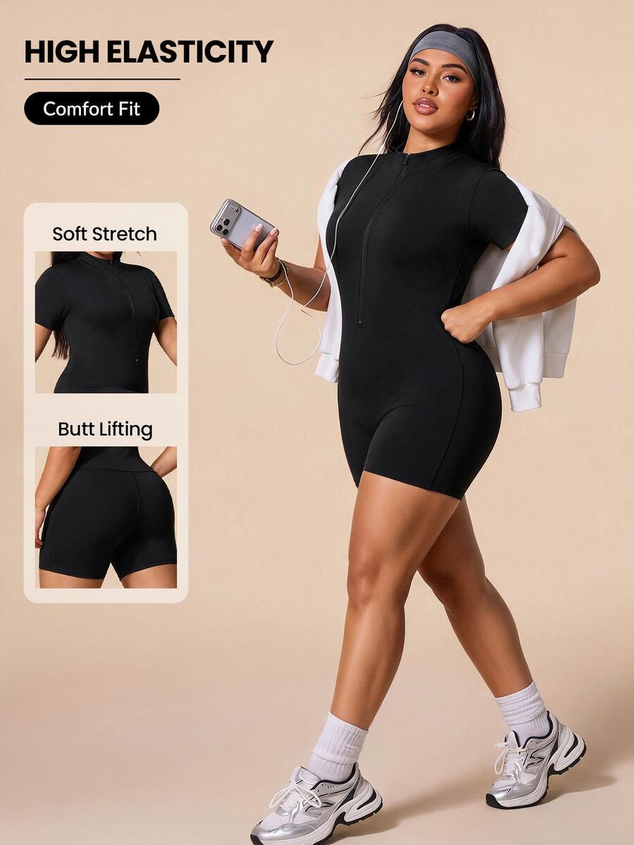 Rhythm Era Plus Size Sports Jumpsuit With Half-Zip Stand Collar, Slim Fit Body-Shaping Ribbed Texture Tight Short Sleeve Jumpsuit - Black - View 1
