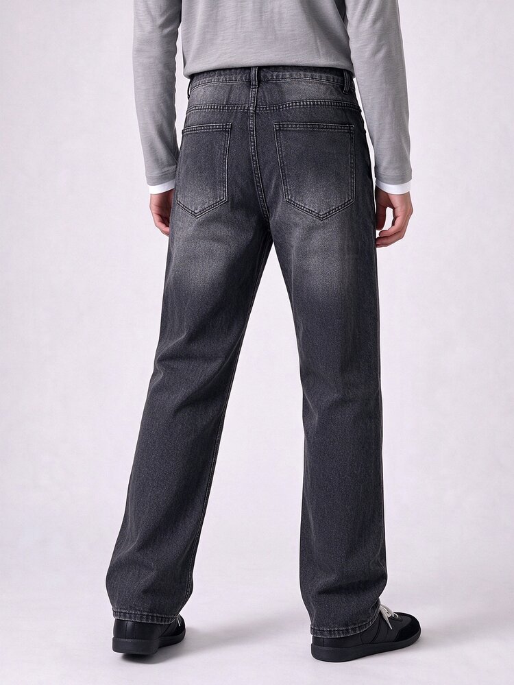 QuarKem Men's Vintage Washed Black Straight Leg Jeans, Mid-Waist Classic Denim Pants, Casual Everyday Wear - Grey - View 2