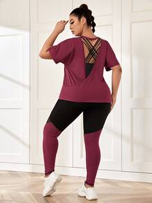 SHEIN Rhythm Era Plus Size Sports Tee & Mesh Insert Sports Leggings With Phone Pocket Workout Women Set - Red Violet - View 8