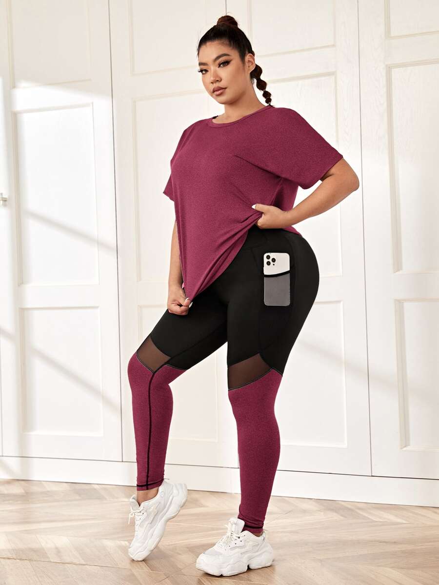 SHEIN Rhythm Era Plus Size Sports Tee & Mesh Insert Sports Leggings With Phone Pocket Workout Women Set - Red Violet - View 1