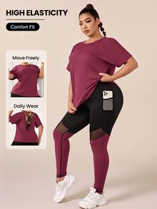 SHEIN Rhythm Era Plus Size Sports Tee & Mesh Insert Sports Leggings With Phone Pocket Workout Women Set - Red Violet - View 7