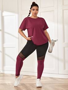 SHEIN Rhythm Era Plus Size Sports Tee & Mesh Insert Sports Leggings With Phone Pocket Workout Women Set - Red Violet - View 10