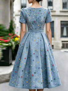 SHEIN Women's Elegant Long Dress With Colorful Rhinestone Decor, Round Neck, Short Sleeve, Pleated Hem And Pockets - Multicolor - View 3
