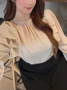 Bijouette Plus Size Women's Spring/Autumn Elegant Lady Style Minimalist Solid Color Shoulder Big Bow Decor Ruffle Sleeve Blouse Fall - Apricot - View 6