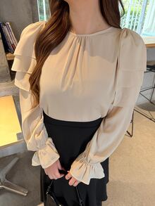 Bijouette Plus Size Women's Spring/Autumn Elegant Lady Style Minimalist Solid Color Shoulder Big Bow Decor Ruffle Sleeve Blouse Fall - Apricot - View 4