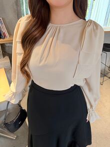 Bijouette Plus Size Women's Spring/Autumn Elegant Lady Style Minimalist Solid Color Shoulder Big Bow Decor Ruffle Sleeve Blouse Fall - Apricot - View 11