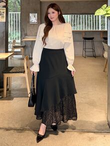 Bijouette Plus Size Women's Spring/Autumn Elegant Lady Style Minimalist Solid Color Shoulder Big Bow Decor Ruffle Sleeve Blouse Fall - Apricot - View 5