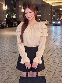 Bijouette Plus Size Women's Spring/Autumn Elegant Lady Style Minimalist Solid Color Shoulder Big Bow Decor Ruffle Sleeve Blouse Fall - Apricot - View 10